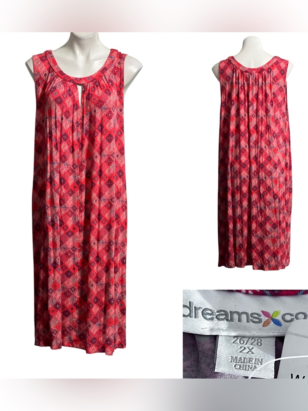 Dreams & Co nightgown loungewear house dress plus 2X/26-28 Red multi Sleeveless
